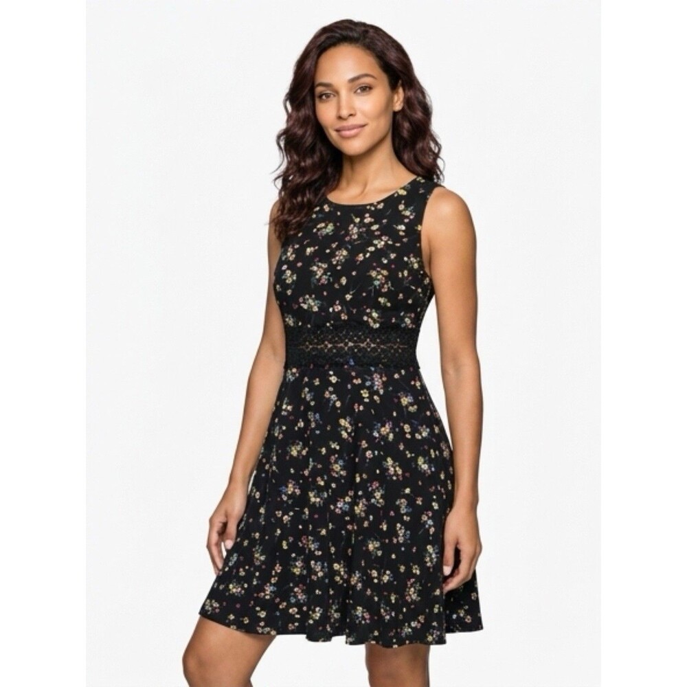 NWT Homeyee Dress Size 12 Black Sleeveless with Multicolor Floral Pattern